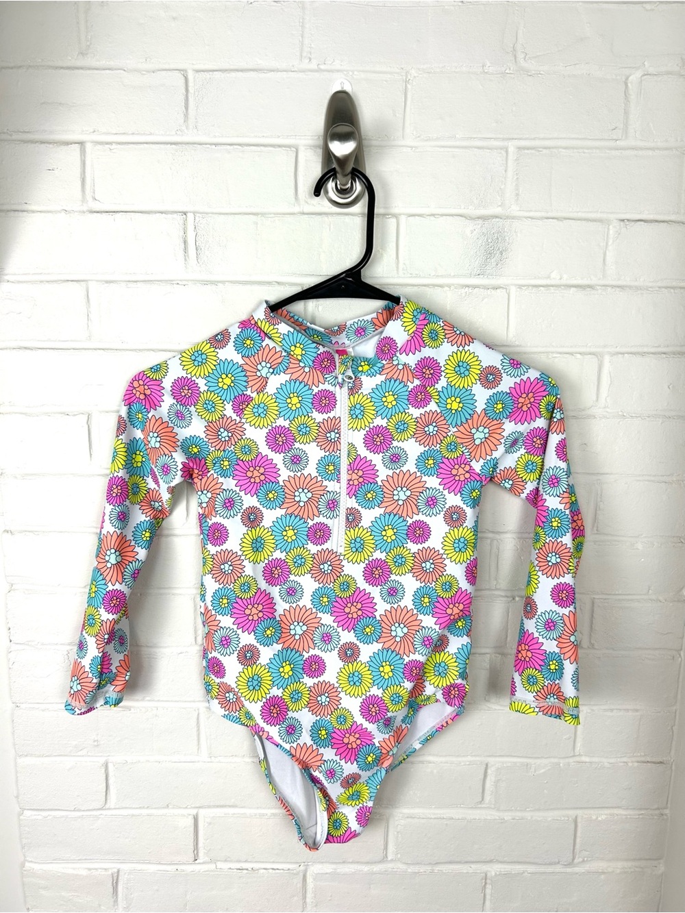 Betsey Johnson Girls Long-Sleeve Half-Zip One-Piece Rash Guard Swimsuit Size 7/8